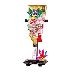 羽子板: 摩耶作 御所花車 黒塗小判型飾り台セット