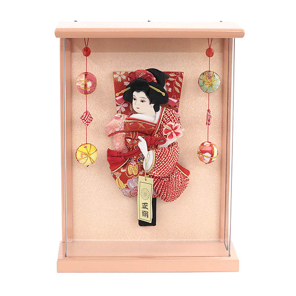 花振袖 金襴かのこ 赤 壁掛け 額飾り 鞠二連つるし付き パールピンク塗り アクリルケース
