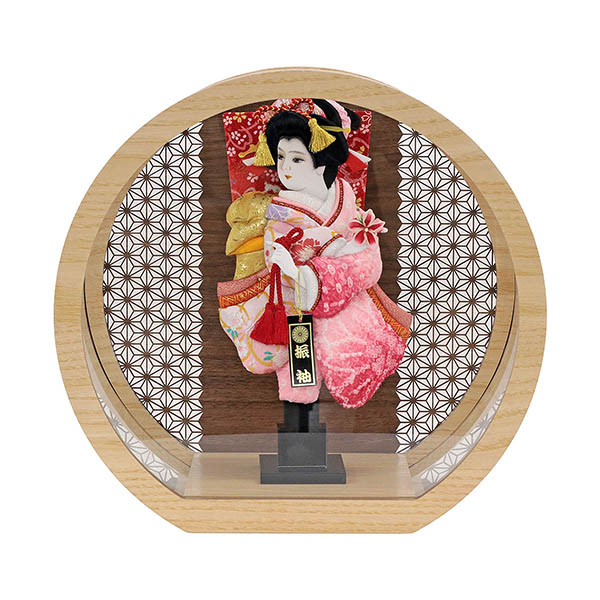 幸月　 羽子板　花振袖 金襴かのこ ピンク リバーシブル 円形 丸型 アクリルケース 輪転36　詳細画像