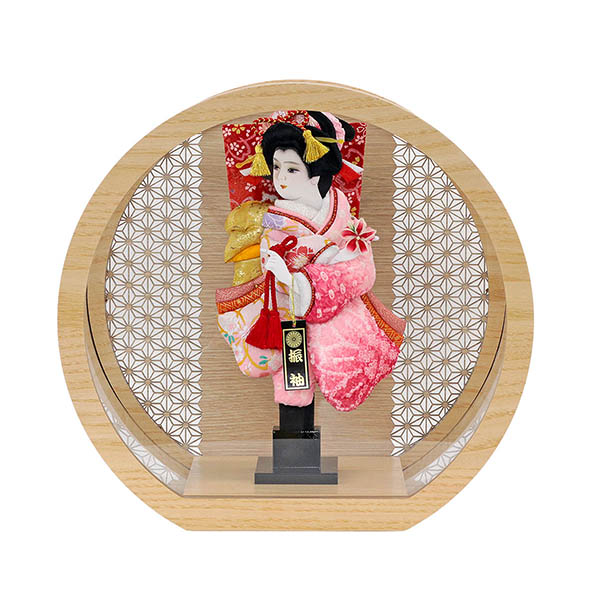 幸月　 羽子板　花振袖 金襴かのこ ピンク リバーシブル 円形 丸型 アクリルケース 輪転36　詳細画像