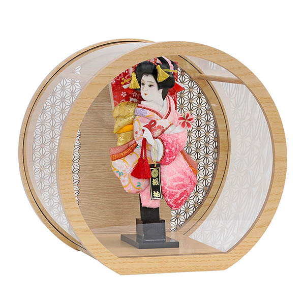 幸月　 羽子板　花振袖 金襴かのこ ピンク リバーシブル 円形 丸型 アクリルケース 輪転36　詳細画像