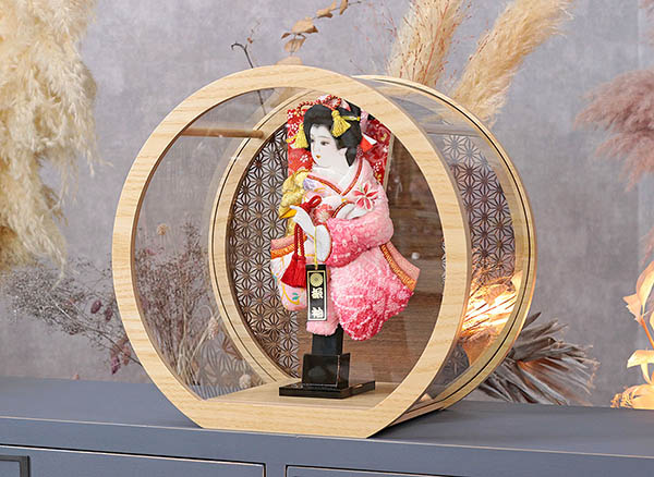 幸月　 羽子板　花振袖 金襴かのこ ピンク リバーシブル 円形 丸型 アクリルケース 輪転36　詳細画像