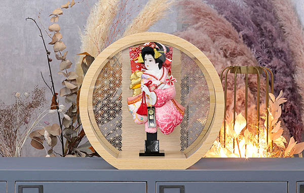 幸月　 羽子板　花振袖 金襴かのこ ピンク リバーシブル 円形 丸型 アクリルケース 輪転36　詳細画像