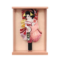 羽子板: 花振袖 金襴かのこ ピンク 壁掛け 額飾り パールピンク塗り アクリルケース