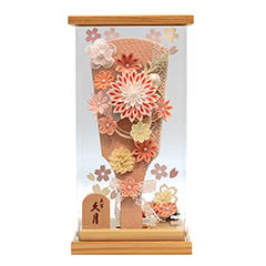 羽子板: つまみ細工 サーモン 木目桜 アクリルケース飾り 髪飾り付き
