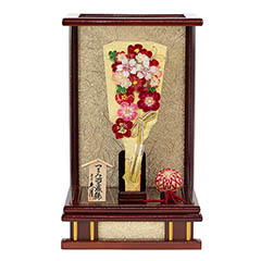 羽子板: つまみ細工 羽子板 金赤花 花梨塗り アクリルケース