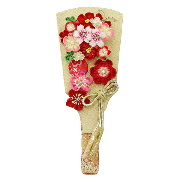 久月　 羽子板　つまみ細工 羽子板 金赤花 リバーシブル 円形 丸型 鞠三連つるし付き アクリルケース 輪転36　詳細画像