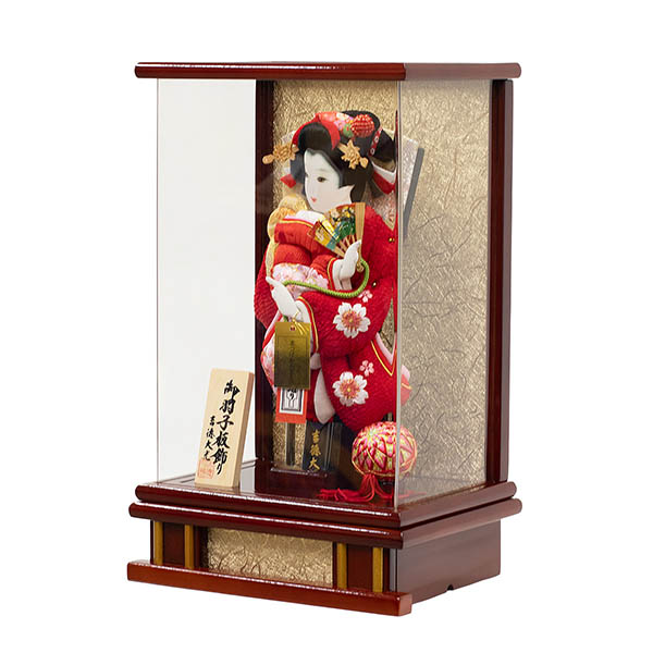 吉徳　 羽子板　鹿の子 赤 刺繍 花梨塗り アクリルケース飾り　詳細画像