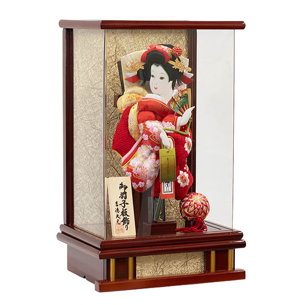 吉徳　 羽子板　鹿の子 赤 刺繍 花梨塗り アクリルケース飾り　詳細画像