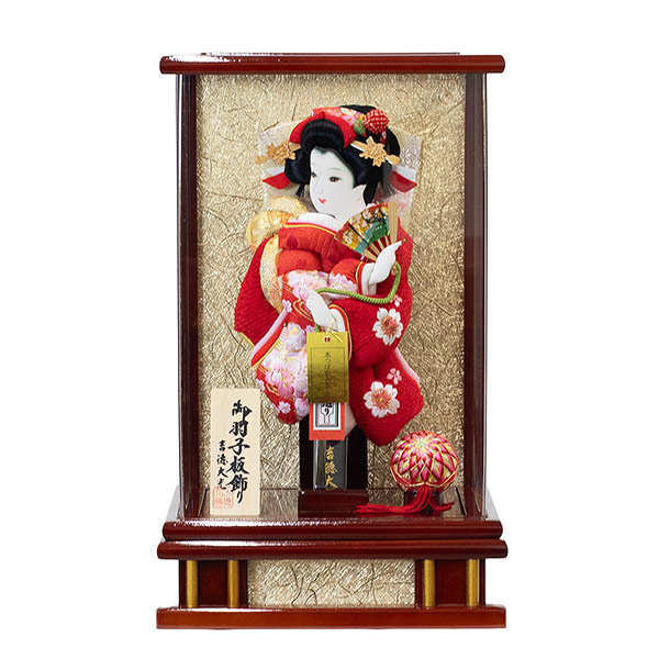 鹿の子 赤 刺繍 花梨塗り アクリルケース飾り