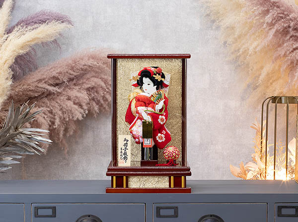 吉徳　 羽子板　鹿の子 赤 刺繍 花梨塗り アクリルケース飾り　詳細画像