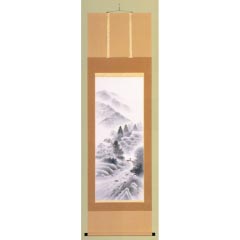 掛け軸: 水墨山水　大津寿石作