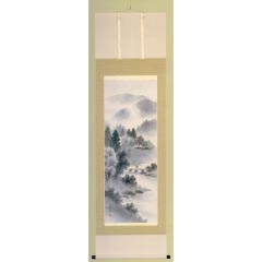 掛け軸: 水墨山水　遠山東湖作