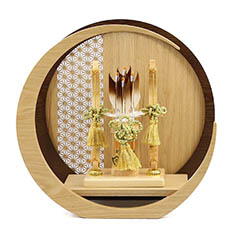 破魔弓: 若葉 透かし麻の葉模様 木製 円形 三日月形飾り台 (大)