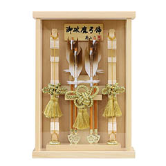 破魔弓: 壁掛け 額飾り 創 桧 白木 木目バック つや消し アクリルケース飾り