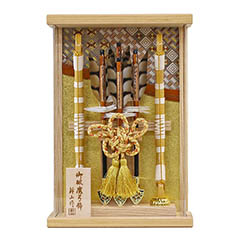 破魔弓: 壁掛け 額飾り 絃 白木 寄木細工 金バック アクリルケース飾り