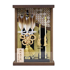 破魔弓: 壁掛け 額飾り 絃 オーク材 寄木細工 金バック アクリルケース飾り