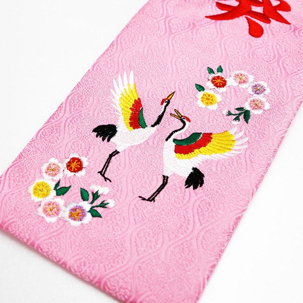 刺繍名前旗飾り （小） 祝鶴に桜 金襴生地 ※名前・生年月日部分は刺繍