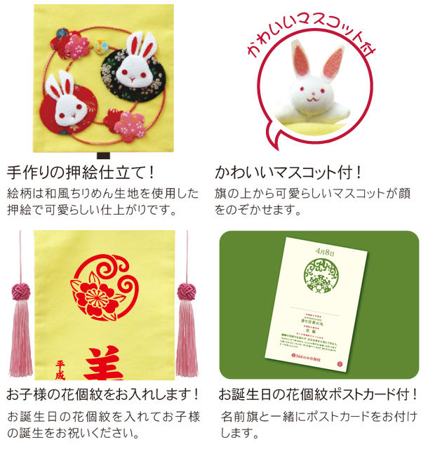 押絵名前旗飾り （中） 花うさぎセット ※名前・生年月日・花個紋部分はプリント
